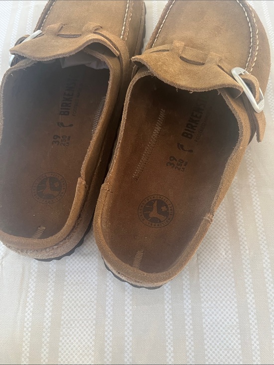 Birkenstock Men\'s Suede Slip-On Loafers in Chestnut Brown with Silver Buckle